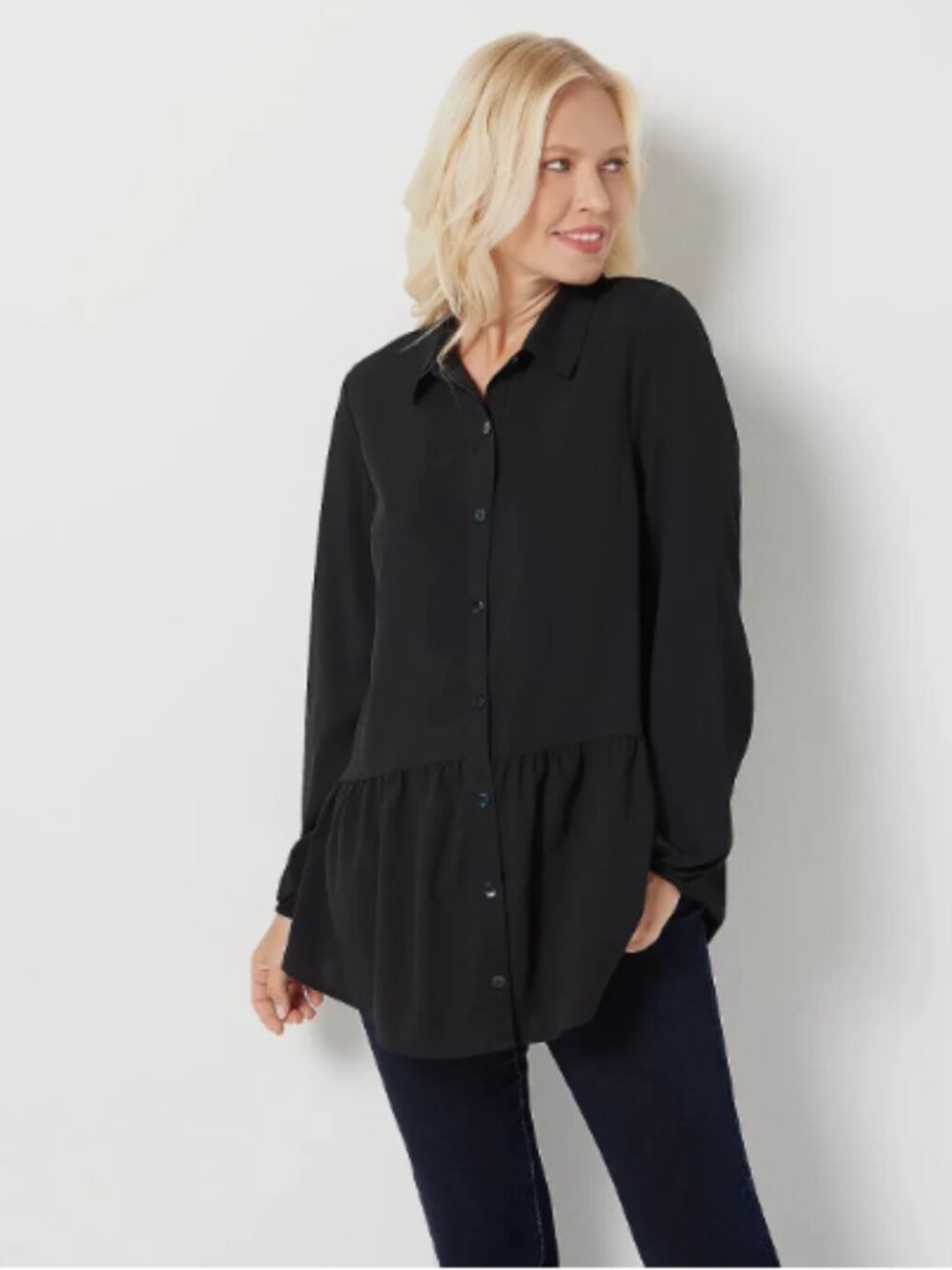 LOGO Lori Goldstein Stretch Woven Button Front Blouse-Black-XS-NEW-A365840